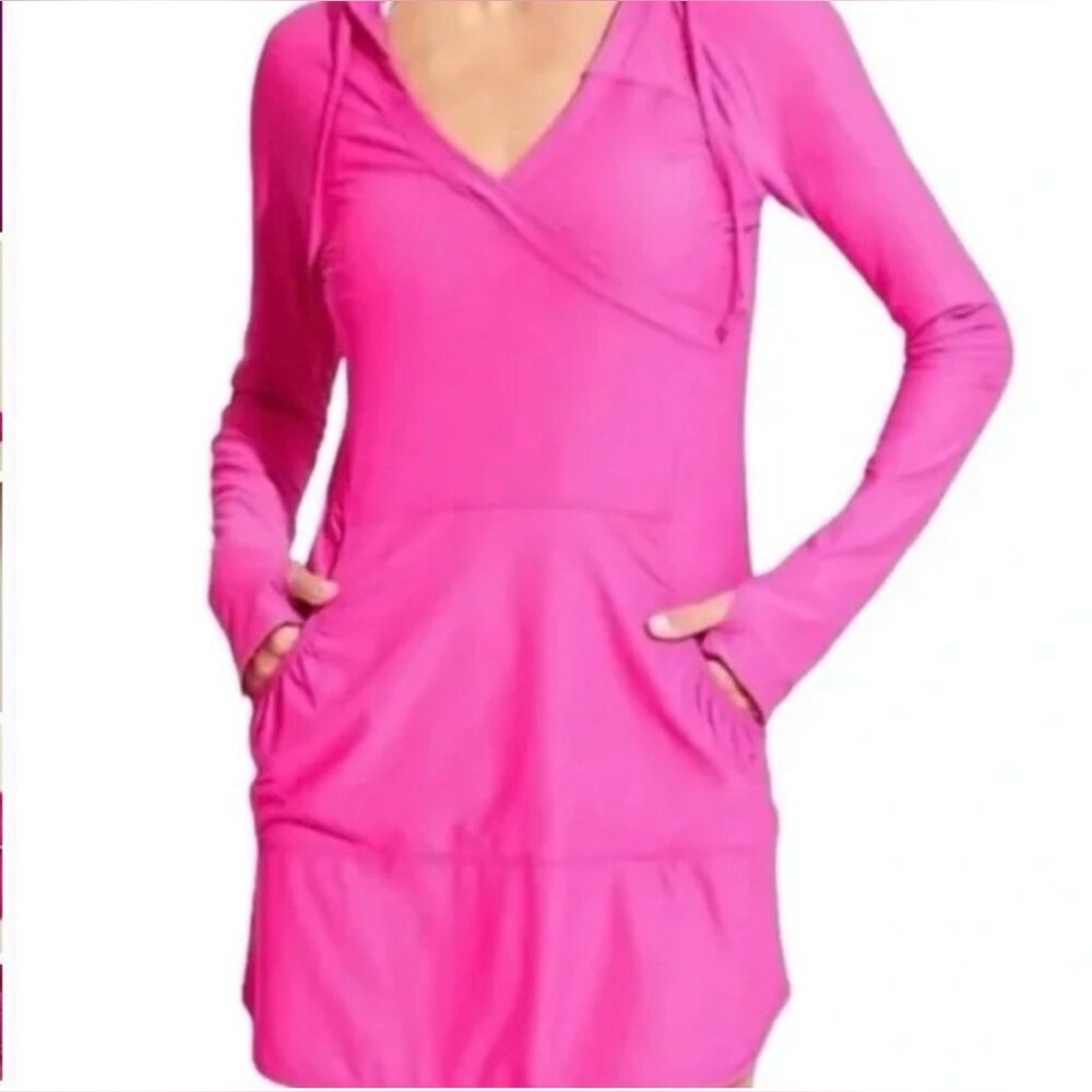 ATHLETA Wick It Wader Preppy Pink Hoodie Dress Long Sleeve Swim Cover Up M